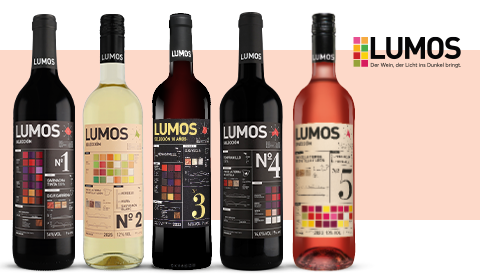 LUMOS Flaschen und Markenlogo